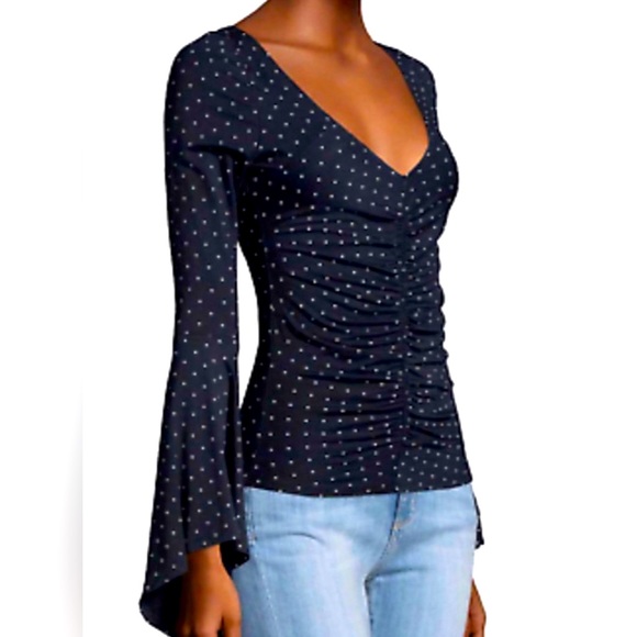 💫 FREE PEOPLE What A Babe Top Black with White Polka Dot Bell Sleeve Blouse NWT - Picture 2 of 15